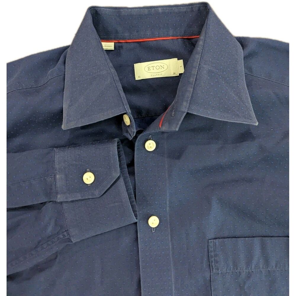 ETON Mens Shirt 16 41 Solid Navy Blue Textured Button Up Contemporary Fit $295